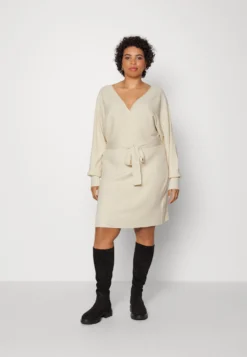 Wrap V Ausschnitt Mini Strickkleid Mit Gürtel - Robe Pull - Off White